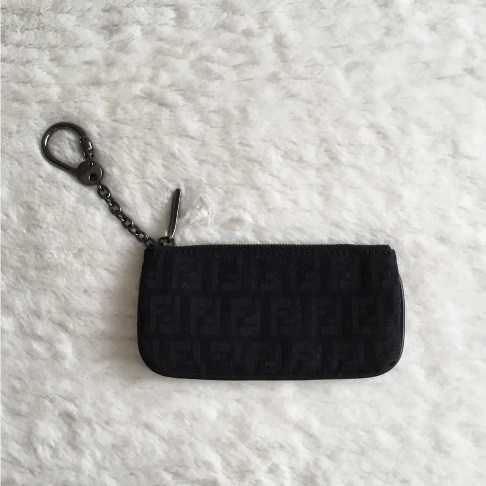 Auth FENDI Zucchino Small Pouch keychain Black Canvas